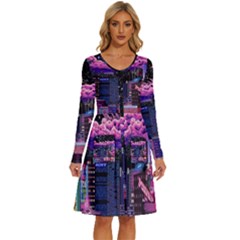 Retro City Pixel Long Sleeve Dress With Pocket by Sarkoni