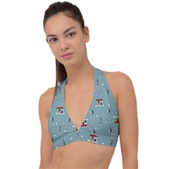 Seamless Pattern With Festive Christmas Houses Trees In Snow And Snowflakes Halter Plunge Bikini Top by Grandong