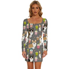 Welsh Corgi Dog Boba Tea Bubble Kawaii Long Sleeve Square Neck Bodycon Velvet Dress by Grandong