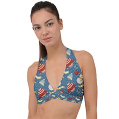 Winter Blue Christmas Snowman Pattern Halter Plunge Bikini Top by Grandong