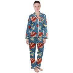 Winter Blue Christmas Snowman Pattern Women s Long Sleeve Satin Pajamas Set	 by Grandong