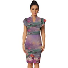 Abstract Flowers  Vintage Frill Sleeve V-neck Bodycon Dress by Internationalstore