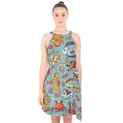 Cartoon Underwater Seamless Pattern With Crab Fish Seahorse Coral Marine Elements Halter Collar Waist Tie Chiffon Dress by uniart180623