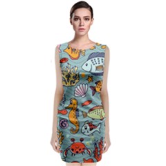 Cartoon Underwater Seamless Pattern With Crab Fish Seahorse Coral Marine Elements Sleeveless Velvet Midi Dress by uniart180623