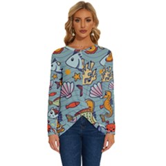 Cartoon Underwater Seamless Pattern With Crab Fish Seahorse Coral Marine Elements Long Sleeve Crew Neck Pullover Top by uniart180623