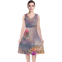 Floral Blossoms  V-neck Midi Sleeveless Dress  by Internationalstore