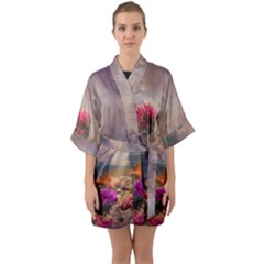 Floral Blossoms  Half Sleeve Satin Kimono  by Internationalstore