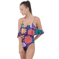 Colorful Shapes On A Purple Background Drape Piece Swimsuit by LalyLauraFLM