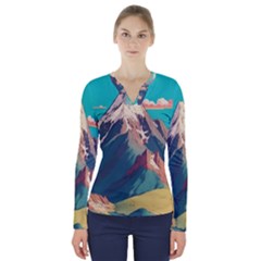 Mountain Mount Fuji V-neck Long Sleeve Top by Pakjumat