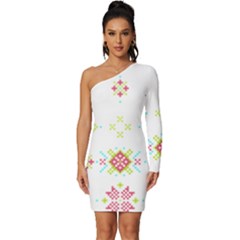 Christmas Cross Stitch Pattern Effect Holidays Symmetry Long Sleeve One Shoulder Mini Dress by Sarkoni