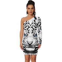 White And Black Tiger Long Sleeve One Shoulder Mini Dress by Sarkoni