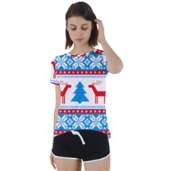 Red And Green Christmas Tree Winter Pattern Pixel Elk Buckle Holidays Short Sleeve Open Back T-shirt by Sarkoni