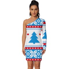 Red And Green Christmas Tree Winter Pattern Pixel Elk Buckle Holidays Long Sleeve One Shoulder Mini Dress by Sarkoni