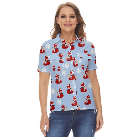 Christmas Background Pattern Women s Short Sleeve Double Pocket Shirt by uniart180623