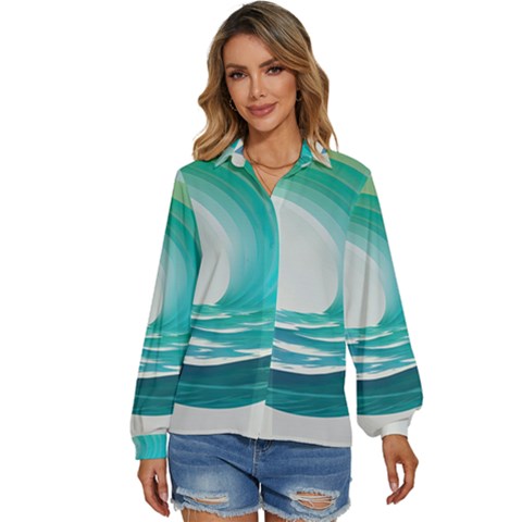 Tsunami Tidal Wave Wave Minimalist Ocean Sea Women s Long Sleeve Button Up Shirt by uniart180623