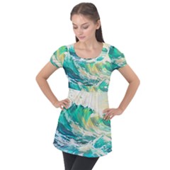 Waves Ocean Sea Tsunami Nautical Painting Puff Sleeve Tunic Top by uniart180623