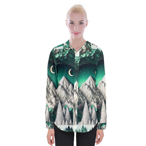 Christmas Wreath Winter Mountains Snow Stars Moon Womens Long Sleeve Shirt by uniart180623