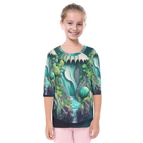 Waterfall Jungle Nature Paper Craft Trees Tropical Kids  Quarter Sleeve Raglan T-shirt by uniart180623