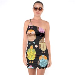 Cute Owls Pattern One Shoulder Ring Trim Bodycon Dress by Ket1n9