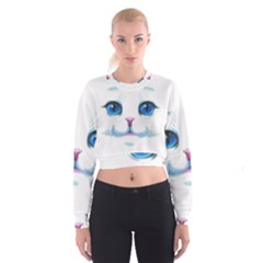 Cute White Cat Blue Eyes Face Cropped Sweatshirt by Ket1n9