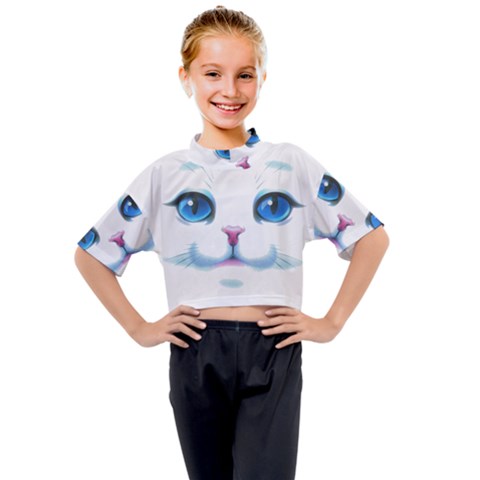 Cute White Cat Blue Eyes Face Kids Mock Neck T-shirt by Ket1n9