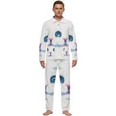 Cute White Cat Blue Eyes Face Men s Long Sleeve Velvet Pocket Pajamas Set by Ket1n9