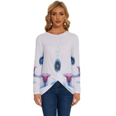 Cute White Cat Blue Eyes Face Long Sleeve Crew Neck Pullover Top by Ket1n9