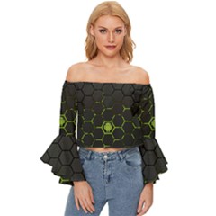 Green Android Honeycomb Gree Off Shoulder Flutter Bell Sleeve Top by Ket1n9