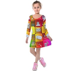 Colorful 3d Social Media Kids  Long Sleeve Velvet Dress by Ket1n9