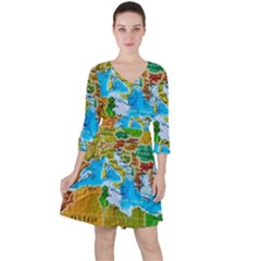 World Map Quarter Sleeve Ruffle Waist Dress by Ket1n9