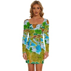 World Map Long Sleeve Square Neck Bodycon Velvet Dress by Ket1n9