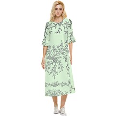 Illustration Of Butterflies And Flowers Ornament On Green Background Double Cuff Midi Dress by Ket1n9