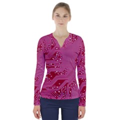 Pink Circuit Pattern V-neck Long Sleeve Top by Ket1n9