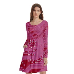 Pink Circuit Pattern Long Sleeve Knee Length Skater Dress With Pockets by Ket1n9