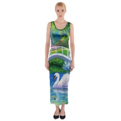 Swan Bird Spring Flowers Trees Lake Pond Landscape Original Aceo Painting Art Fitted Maxi Dress by Ket1n9