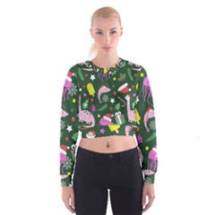 Dinosaur Colorful Funny Christmas Pattern Cropped Sweatshirt by Ket1n9