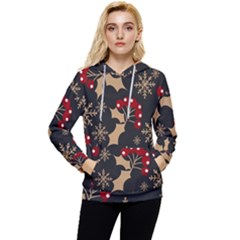 Christmas Pattern With Snowflakes Berries Women s Lightweight Drawstring Hoodie by Ket1n9