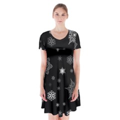 Christmas Snowflake Seamless Pattern With Tiled Falling Snow Short Sleeve V-neck Flare Dress by Ket1n9