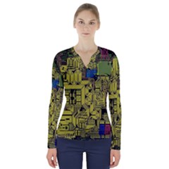 Technology Circuit Board V-neck Long Sleeve Top by Ket1n9