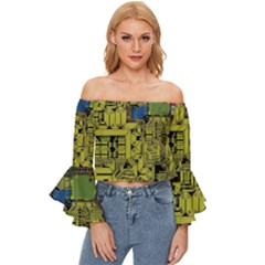 Technology Circuit Board Off Shoulder Flutter Bell Sleeve Top by Ket1n9