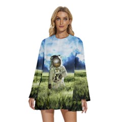 Astronaut Round Neck Long Sleeve Bohemian Style Chiffon Mini Dress by Ket1n9