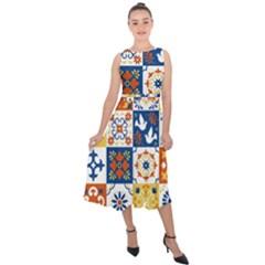 Mexican-talavera-pattern-ceramic-tiles-with-flower-leaves-bird-ornaments-traditional-majolica-style- Midi Tie-back Chiffon Dress by Ket1n9