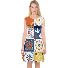 Mexican-talavera-pattern-ceramic-tiles-with-flower-leaves-bird-ornaments-traditional-majolica-style- Capsleeve Midi Dress by Ket1n9