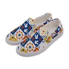 Mexican-talavera-pattern-ceramic-tiles-with-flower-leaves-bird-ornaments-traditional-majolica-style- Women s Canvas Slip Ons by Ket1n9