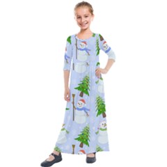 New Year Christmas Snowman Pattern, Kids  Quarter Sleeve Maxi Dress by Grandong