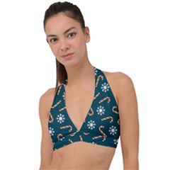 Christmas-seamless-pattern-with-candies-snowflakes Halter Plunge Bikini Top by Grandong