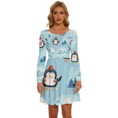 Christmas-seamless-pattern-with-penguin Long Sleeve Wide Neck Velvet Dress by Grandong