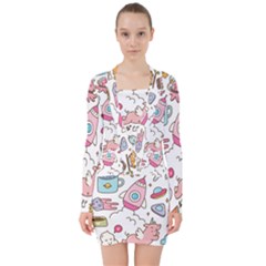 Set-kawaii-doodles -- V-neck Bodycon Long Sleeve Dress by Grandong