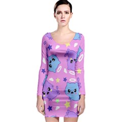 Seamless Pattern With Cute Kawaii Kittens Long Sleeve Bodycon Dress by Grandong