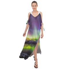 Aurora Borealis Polar Northern Lights Natural Phenomenon North Night Mountains Maxi Chiffon Cover Up Dress by Grandong